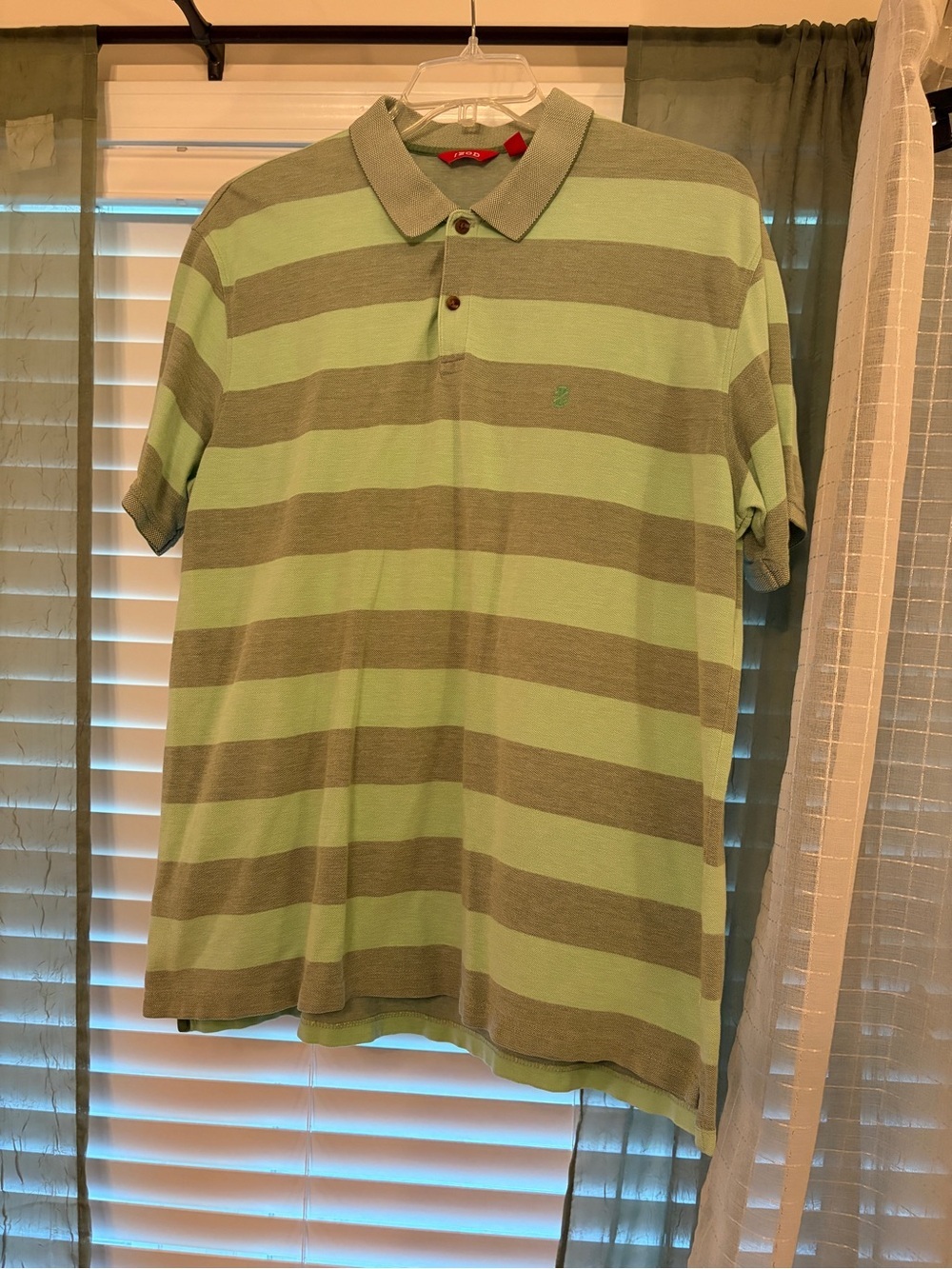 Izod Men's Wide Stripe Polo in Light Green and Gray